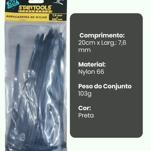 Abraçadeira Nylon Alta Durabilidade 20cm 7 6mm 50 Unidades Preta Organizador Fixação Segura