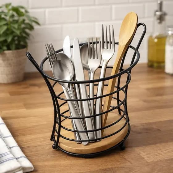 Organizador Talheres Aramado Ecowood 18,5cm Porta Talher Cozinha Bancada Mesa Suporte Talheres Metal Madeira Ecológica