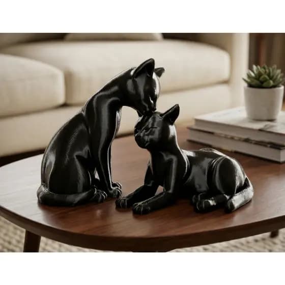 Estatueta Casal de Gatos Pretos/Brancos | Minimalista Decorativo Sala Escritório Mesa Presente
