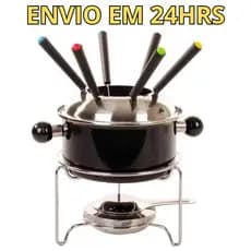 Kit Jogo Panela Conjunto Fondue 11 Peças Aço Inox e Madeira Carne Chocolate Queijo Jantar Romântico