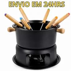 Kit Jogo Panela Conjunto Fondue 11 Peças Aço Inox E Madeira Carne Chocolate Queijo Jantar Romântico