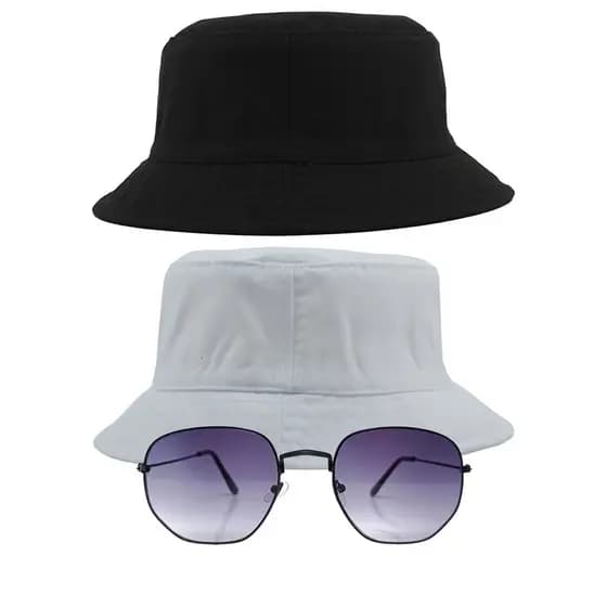 Kit 2 Chapéu Bucket Hat E Oculos De Sol Hexagonal Armação De Metal Preto Masculino E Feminino Com Proteção Uv400 - MD-04