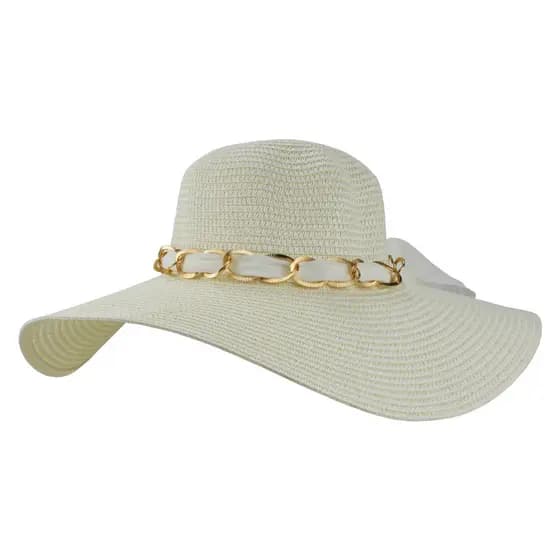 Chapéu De Praia Bege Floppy Feminino Aba Grande De Palha Com Corrente Dourada Para, Piscina E Passeios Ao Ar Livre