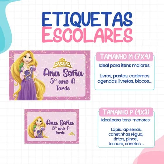 136 ou 188 Etiquetas RAPUNZEL Escolares Personalizadas Adesivas / Material Escolar / Volta as Aulas / ETIQUETA ESCOLARES