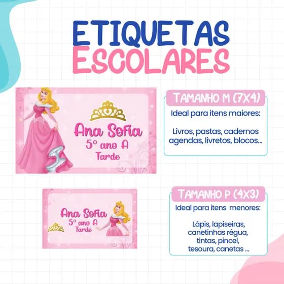 136 ou 188 Etiquetas PRINCESA AURORA Adesivas Para material Escolar ETIQUETA Personalizadas Escolar Volta as Aulas perso