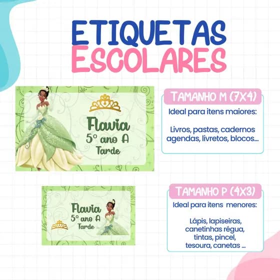 136 ou 188 Etiquetas PRINCESA E O SAPO Adesivas Para material Escolar ETIQUETA Personalizadas Escolar Volta as Aulas per