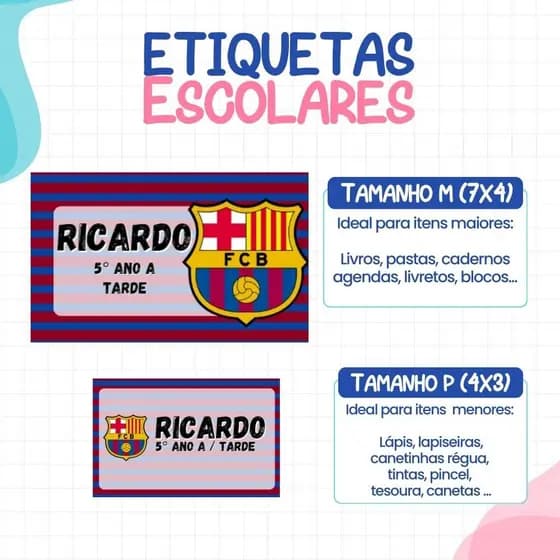 136 ou 188 Etiquetas Barcelona Adesivas Para material Escolar ETIQUETA Personalizadas Escolar Volta as Aulas