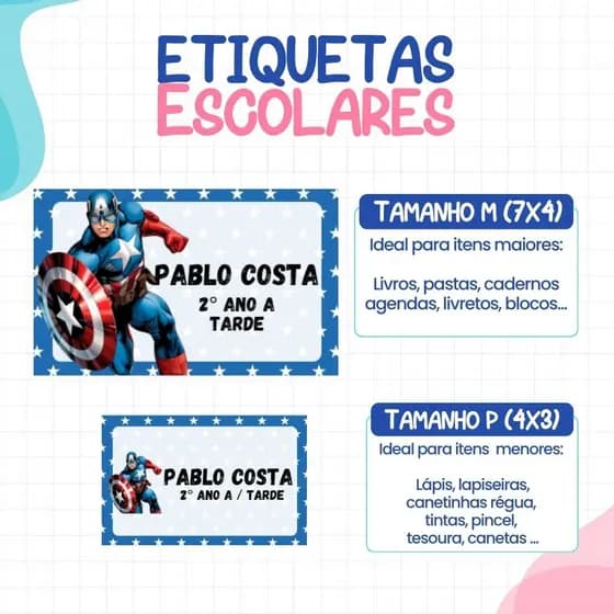 136 ou 188 Etiquetas CAPITÃO AMERICA Adesivas Para material Escolar ETIQUETA Personalizadas Escolar Volta as Aulas PERSO