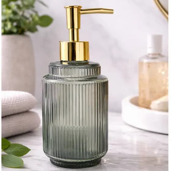 Saboneteira de Vidro Luxuosa Verde com Pump Dourado