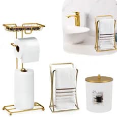 Kit Acessorios Lavabo Dourado Banheiro Lixeira Papeleira Porta Toalha Papel Higiênico Cesto de Lixo