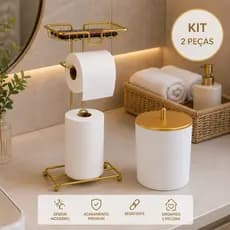 Kit Acessórios Banheiro Lavabo Dourado Com Lixeira E Papeleira Porta Papel Higiênico Suporte Celular
