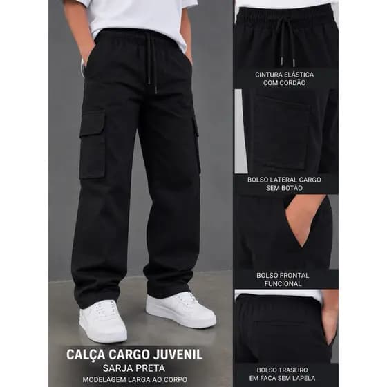 Calça Cargo Infantil Juvenil – Jeans e Sarja, 6 Bolsos, Diversas Cores Estilo Skate