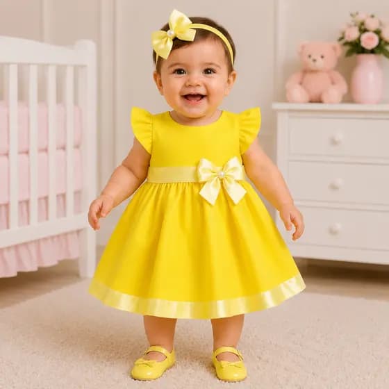 Vestido Menina Bebê Luxo | Vestido Princesa Amarelo Com Voil E Tiara - Moda Infantil P aos 3 anos