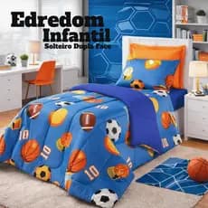 Edredom Futebol Solteiro Infantil Menino Menina Dupla Face Futebol Azul  Futebol Preto 1 Peça