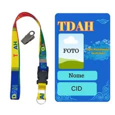 Kit Cartão Crachá Polímero Identificação Personalizado TDAH + Cordão TDAH + Jacaré