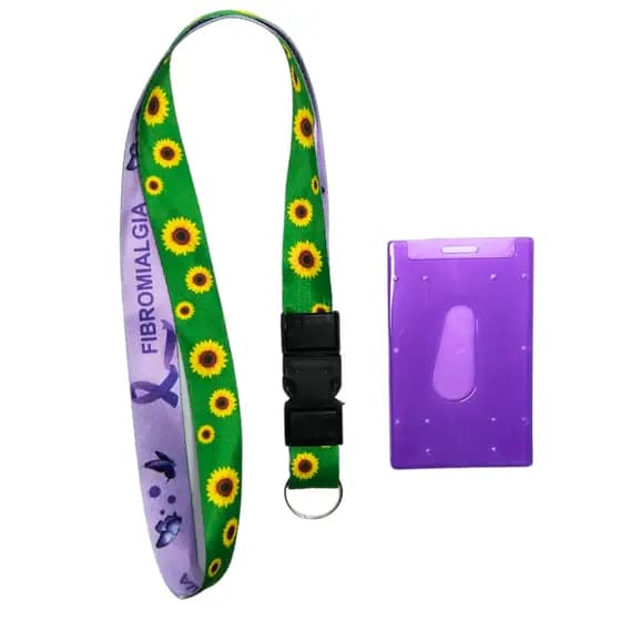 Kit Cordão Pescoço Fecho Engate Rápido Fibromialgia + Porta Crachá Roxo