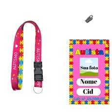 Kit Cartão Crachá Polímero Identificação Personalizado Autismo Autista Queb-Cabeça Rosa+Cordão Dupla Face Rosa +Jacaré