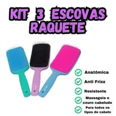 Kit 3 Escovas De Cabelo Raquete Curvada Anti Frizz