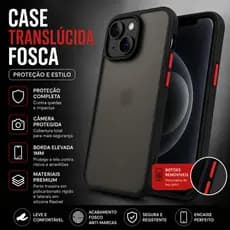 Case Translúcida Fosca iPhone Anti Impacto Capa Preta Proteção Câmera Botões Vermelhos