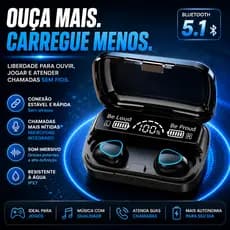 Fone Bluetooth Sem Fio M10 Bluetooth 5.1 Display Digital Powerbank IPX7 Gamer Android iPhone Preto
