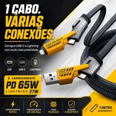 Cabo 4 em 1 USB C Lightning PD 65W Carregamento Rápido 1 Metro Para iPhone Android Notebook