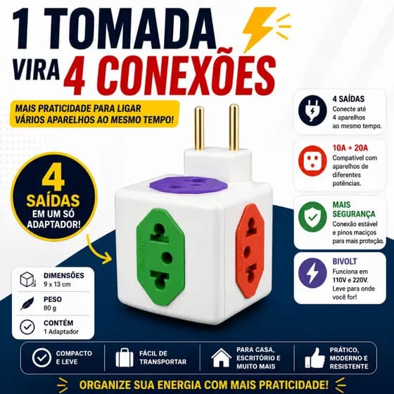 Adaptador de Tomada Cubo 4 Entradas Bivolt 10A com Entrada 20A Benjamim Multiplicador de Tomadas
