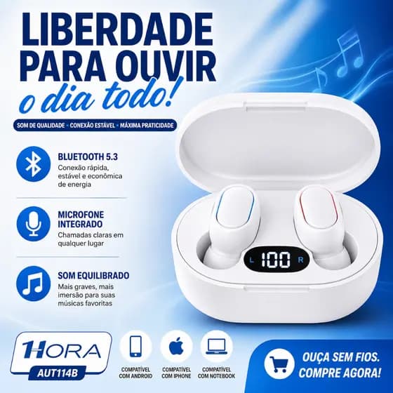 Fone de Ouvido Bluetooth 5.3 Sem Fio TWS 1HORA AUT114B Branco com Microfone Estojo USB-C Intra Auricular
