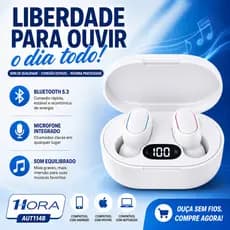 Fone de Ouvido Bluetooth 5.3 Sem Fio TWS 1HORA AUT114B Branco com Microfone Estojo USB-C Intra Auricular