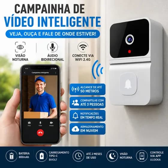 Campainha Inteligente WiFi com Câmera Visão Noturna Áudio Bidirecional App ULooka Sem Fio Bivolt