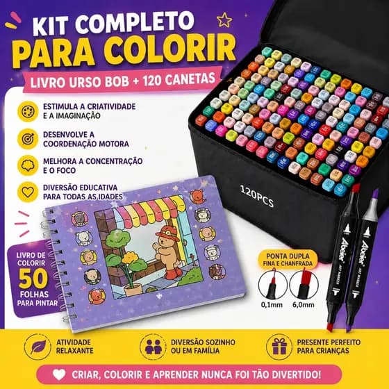 Kit Livro de Colorir Infantil Roxo com 120 Canetas Dupla Ponta Estojo Organizador Capa Dura Educativo