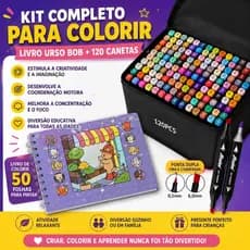 Kit Livro de Colorir Infantil Roxo com 120 Canetas Dupla Ponta Estojo Organizador Capa Dura Educativo