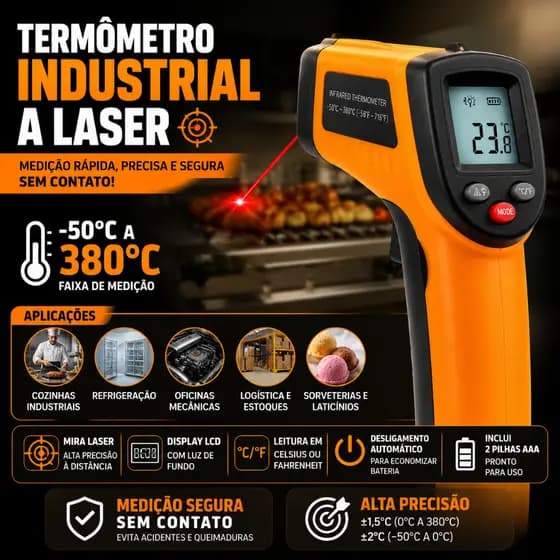 Termômetro Industrial Digital Infravermelho Cozinha Laiser Medição temperatura Industrial -50°C a 380°C