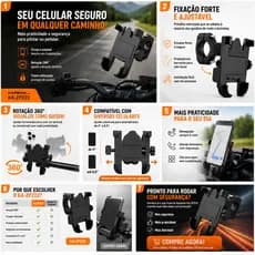 Suporte Celular Moto Bicicleta Universal 360° para Guidão Kapbom KA-ZP222 Ajustável Trava Reforçada