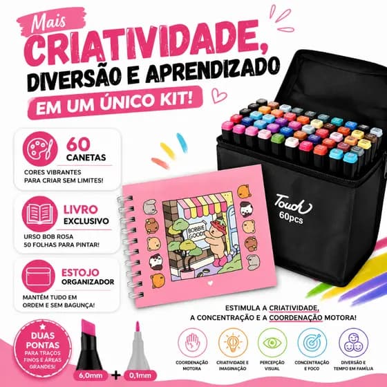 Kit Livro de Colorir  Rosa + 60 Canetas Dupla Ponta Estojo Infantil Capa Dura Presente Educativo