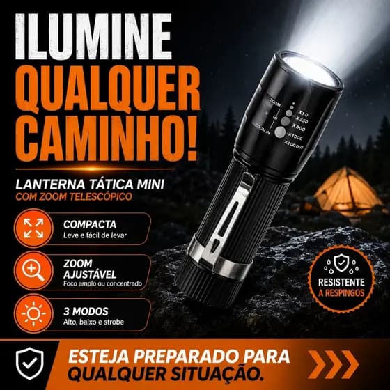 Lanterna Tática Mini LED com Zoom Telescópico Portátil a Pilha 3 AAA Alta Potência Kapbom KA-L1589