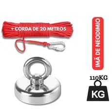 Imã De Neodímio Para Pesca Esportiva Magnética De 110Kg  Tração + Corda Substitui Detector de Metal