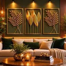 Kit 3 Quadros Decorativos Grande Luxo Dourado com Flores e Plantas para Sala Quarto e Escritório