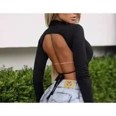 Blusa Cropped Manga Longa de Amarrar Nas Costas