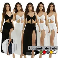 Conjunto Saia Longa Tule Com Short e Cropped Feminino Cintura Alta Festa