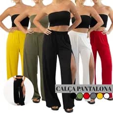 Calça Pantalona Feminina Fenda Frontal Cintura Alta Perna Larga