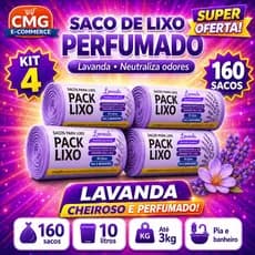 Kit 4 Packs Saco Lixo Lavanda Perfumado 160 Unidades 10 Litros 40 Sacos Pack Pia Banheiro