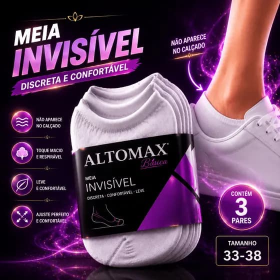 Meia Invisível Feminina Leve Confortável Discreta Toque Macio 3 Pares Respirável Leve