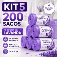 Kit 5 Rolos Saco de Lixo Sacos Para Lixo Lavanda 10L 200 Un Perfumado Pia Banheiro Lixeira 34x38cm