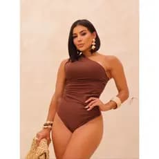 body feminino marrom escuro elegante suplex com alça lateral frente unica sem bojo liso festa chique maiô