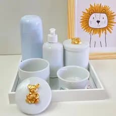 kit higiene bebê porcelana branco urso dourado garrafa térmica