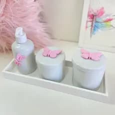 kit higiene bebê porcelana borboleta rosa porta alcool