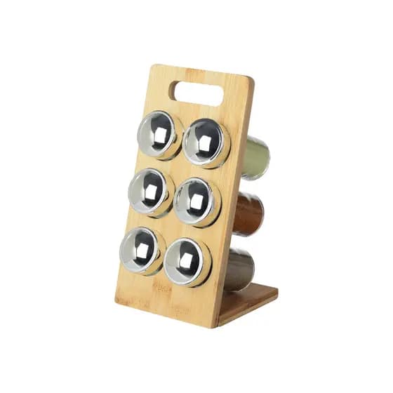 Jogo 6 Porta Condimentos Temperos Em Vidro C/ Suporte De Bambu