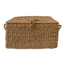 Cesto Caixa Organizador Decorativo Multiuso Em Fibra Natural Seagrass C/ Tampa e Alça Boho Chic Versátil Porta Objetos Trecos Algodão