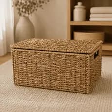 Cesto Caixa Decorativo Dobrável Organizador Em Seagrass Grande Com Tampa