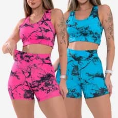 Kit 2 Conjunto Top e Short  Marmorizado Tie Dye Academia Fitness Caminhada Ciclismo Ginastica
